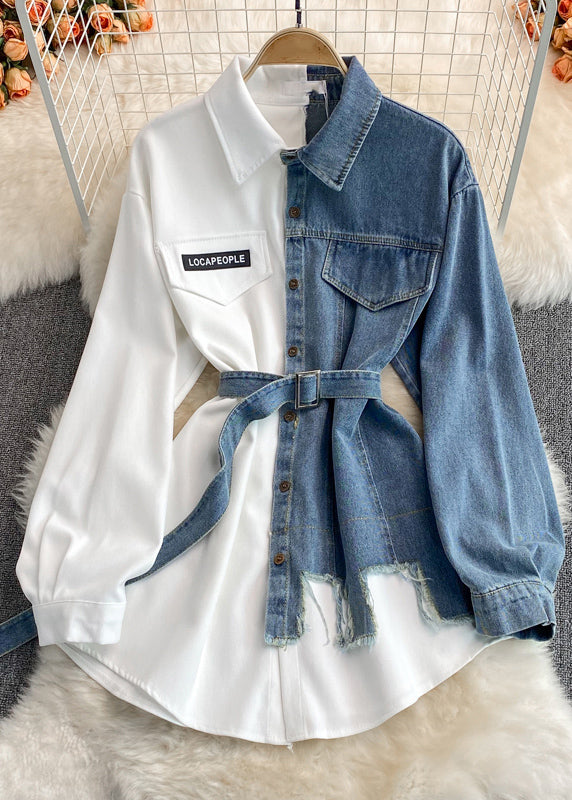 White Asymmetrical Tie Waist Denim Shirt Long Sleeve