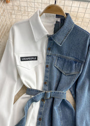 White Asymmetrical Tie Waist Denim Shirt Long Sleeve