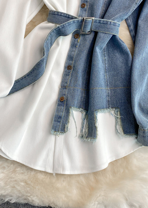 White Asymmetrical Tie Waist Denim Shirt Long Sleeve