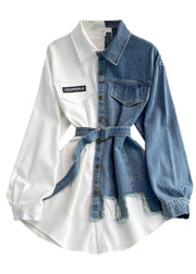 White Asymmetrical Tie Waist Denim Shirt Long Sleeve