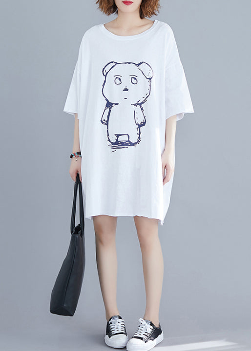 White Bear Print Cotton Holiday Dress Oversized Summer