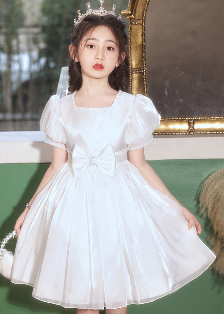 White Bow Solid Silk Cotton Kids Girls Dresses Square Collar Lantern Sleeve