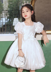 White Bow Solid Silk Cotton Kids Girls Dresses Square Collar Lantern Sleeve