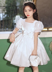 White Bow Solid Silk Cotton Kids Girls Dresses Square Collar Lantern Sleeve