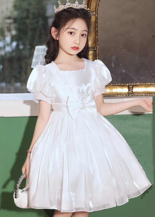 White Bow Solid Silk Cotton Kids Girls Dresses Square Collar Lantern Sleeve