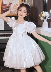 White Bow Solid Silk Cotton Kids Girls Dresses Square Collar Lantern Sleeve