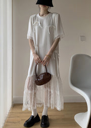 White Bow Tulle Patchwork Cotton Summer Long Dress O Neck