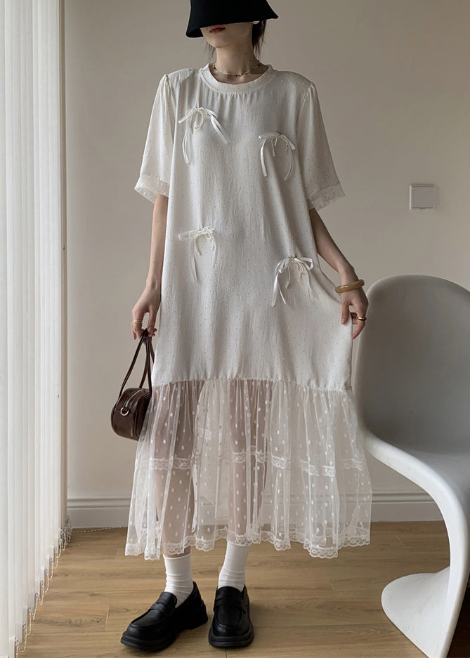 White Bow Tulle Patchwork Cotton Summer Long Dress O Neck