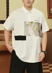 White Button Cotton Men T Shirts Peter Pan Collar Short Sleeve