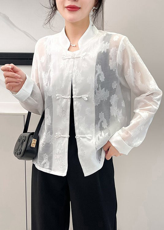 White Button Patchwork Blouse Stand Collar Long Sleeve