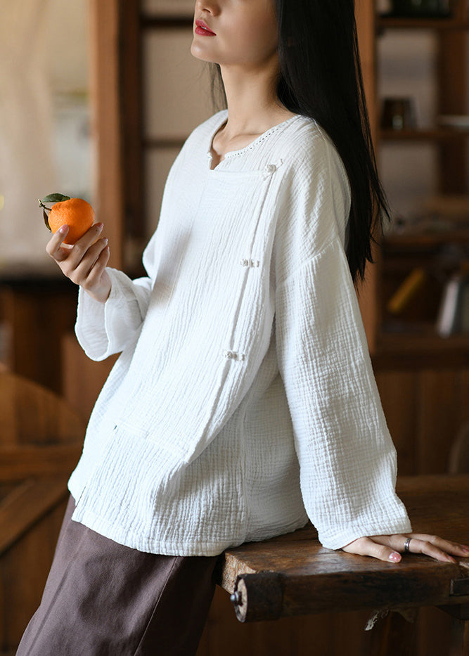 White Button Patchwork Cotton Top O Neck Long Sleeve