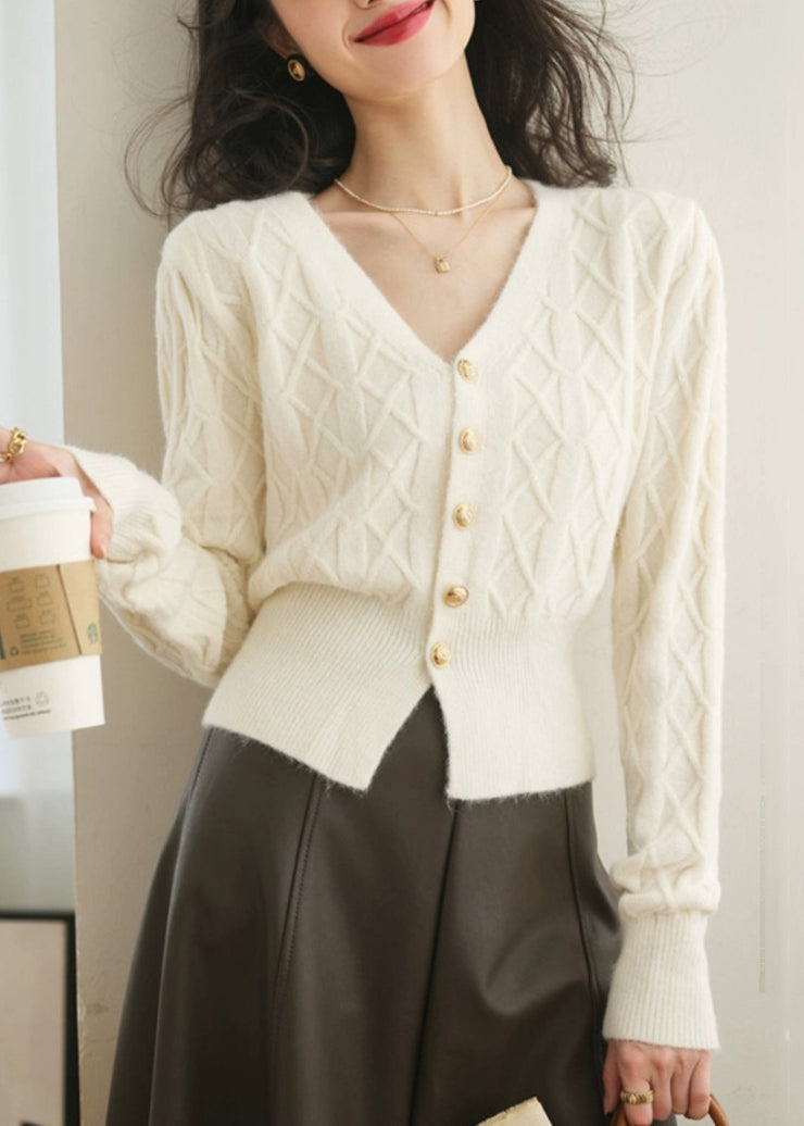 White Button Plaid Knit Sweater V Neck Spring