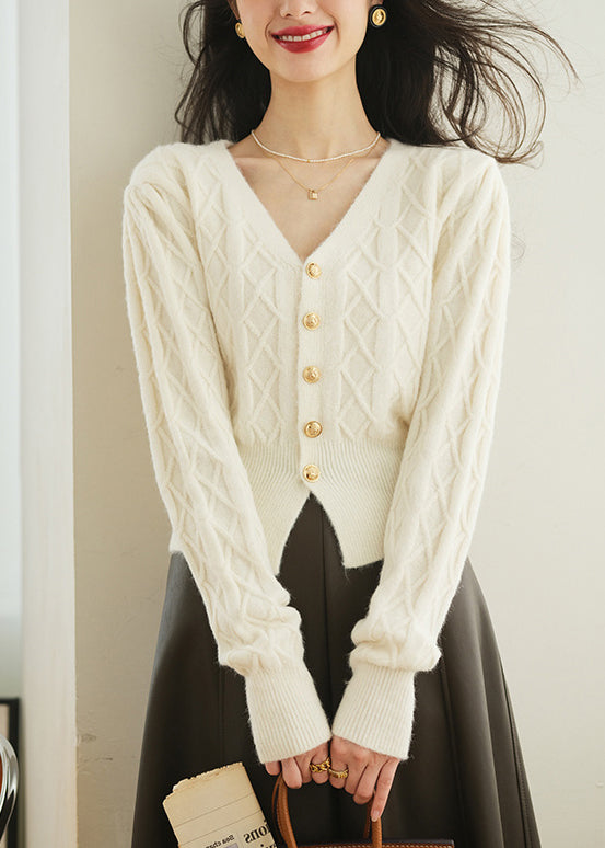 White Button Plaid Knit Sweater V Neck Spring