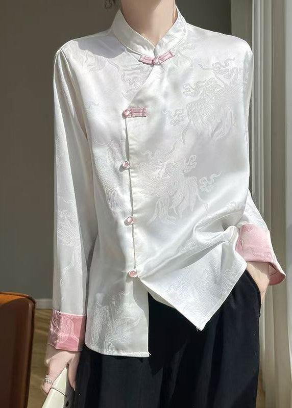 White Button Silk Shirts Stand Collar Long Sleeve