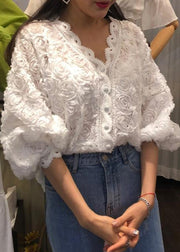 White Button Solid Lace Shirt V Neck Spring