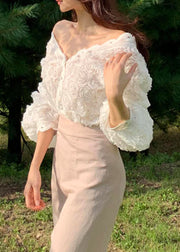 White Button Solid Lace Shirt V Neck Spring