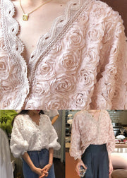 White Button Solid Lace Shirt V Neck Spring