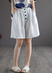 White Button Solid Wide Leg Shorts