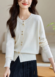 White Button Solid Wool Knit Fall Coats O Neck