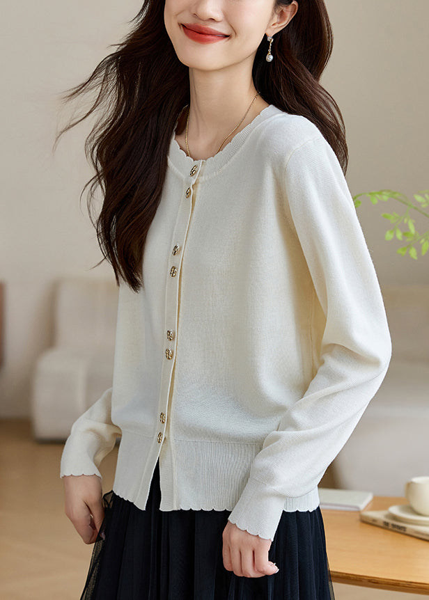 White Button Solid Wool Knit Fall Coats O Neck