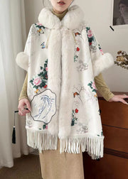 White Button Tasseled Patchwork Warm Fleece Hooded Half Sleeve