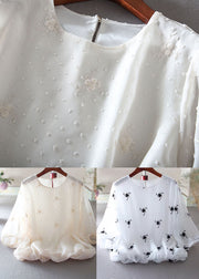 White Chiffon Blouses Embroidered Lantern Sleeve