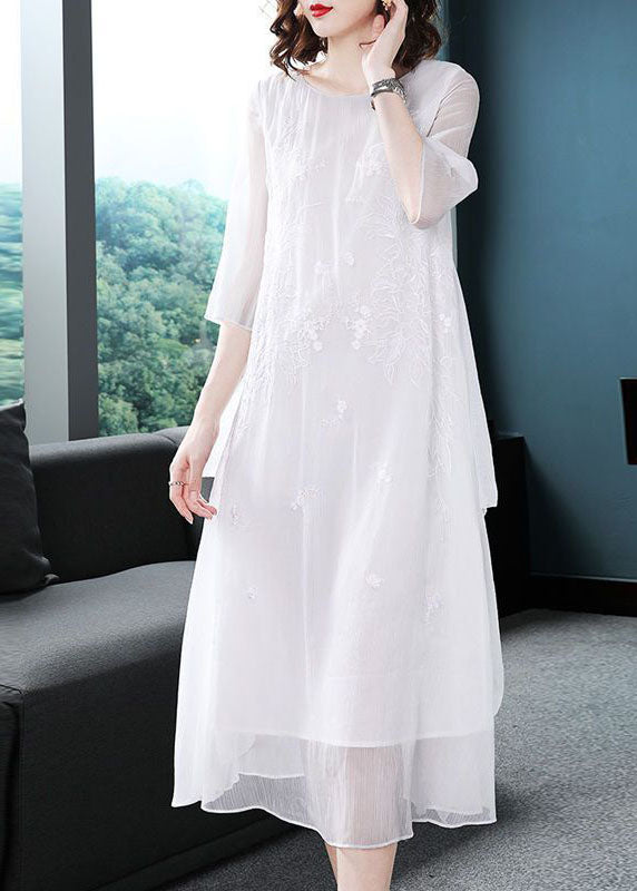 White Chiffon Long Dress Embroideried Asymmetrical Design Summer