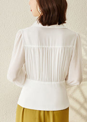 White Chiffon Tops Wrinkled V Neck Hollow Out Long Sleeve