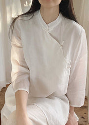 White Chinese Button Cotton Shirt Tops Side Open Spring