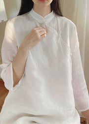 White Chinese Button Cotton Shirt Tops Side Open Spring