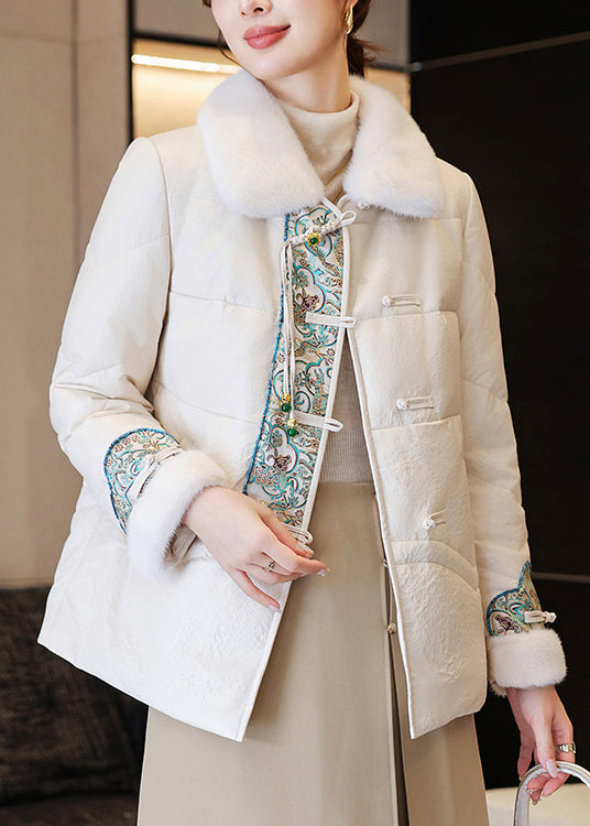 White Chinese Button Faux Leather Down Coats Fur Collar Winter