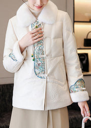 White Chinese Button Faux Leather Down Coats Fur Collar Winter