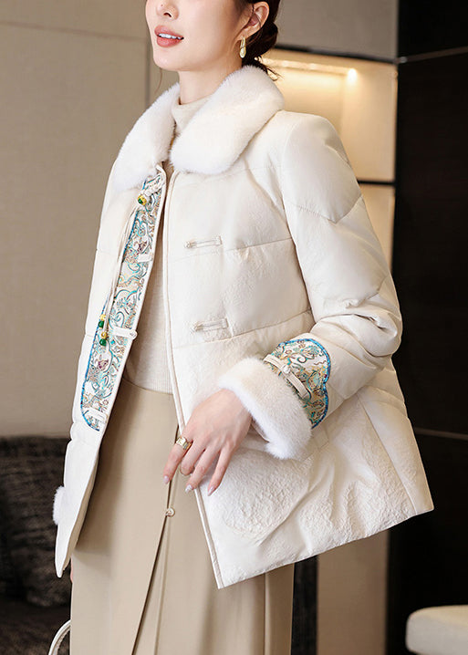 White Chinese Button Faux Leather Down Coats Fur Collar Winter