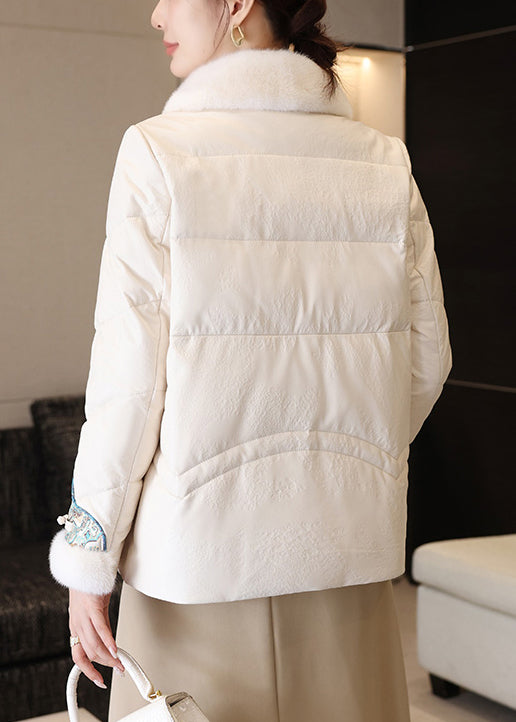 White Chinese Button Faux Leather Down Coats Fur Collar Winter