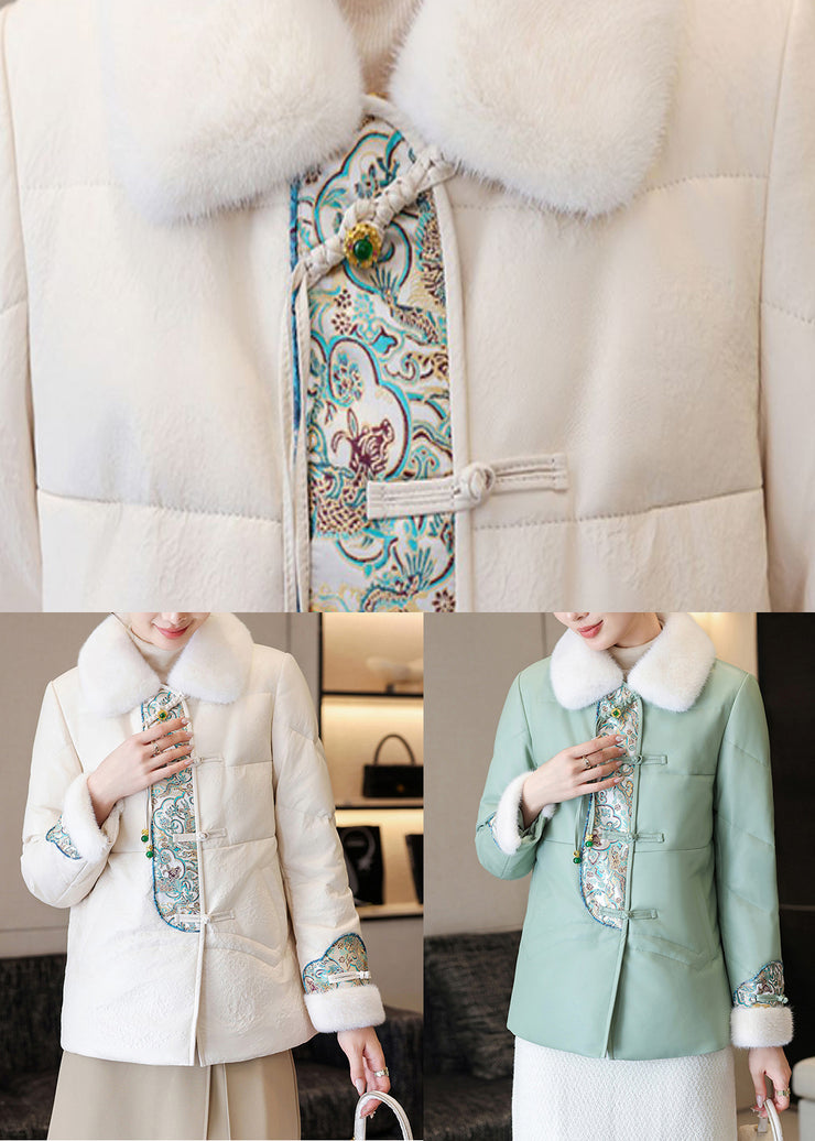 White Chinese Button Faux Leather Down Coats Fur Collar Winter