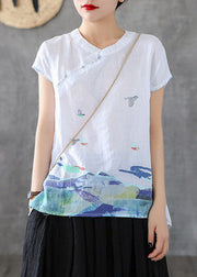 White Chinese Style Cotton Tank Embroideried Stand Collar Short Sleeve