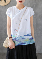 White Chinese Style Cotton Tank Embroideried Stand Collar Short Sleeve