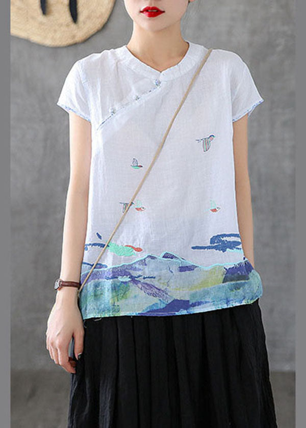 White Chinese Style Cotton Tank Embroideried Stand Collar Short Sleeve