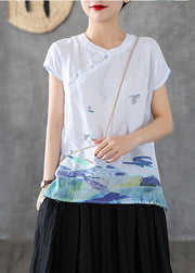 White Chinese Style Cotton Tank Embroideried Stand Collar Short Sleeve