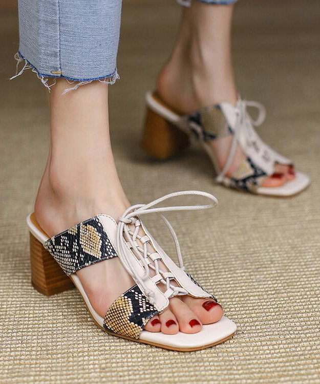 White Chunky Cowhide Leather Stylish Splicing Lace Up Slide Sandals