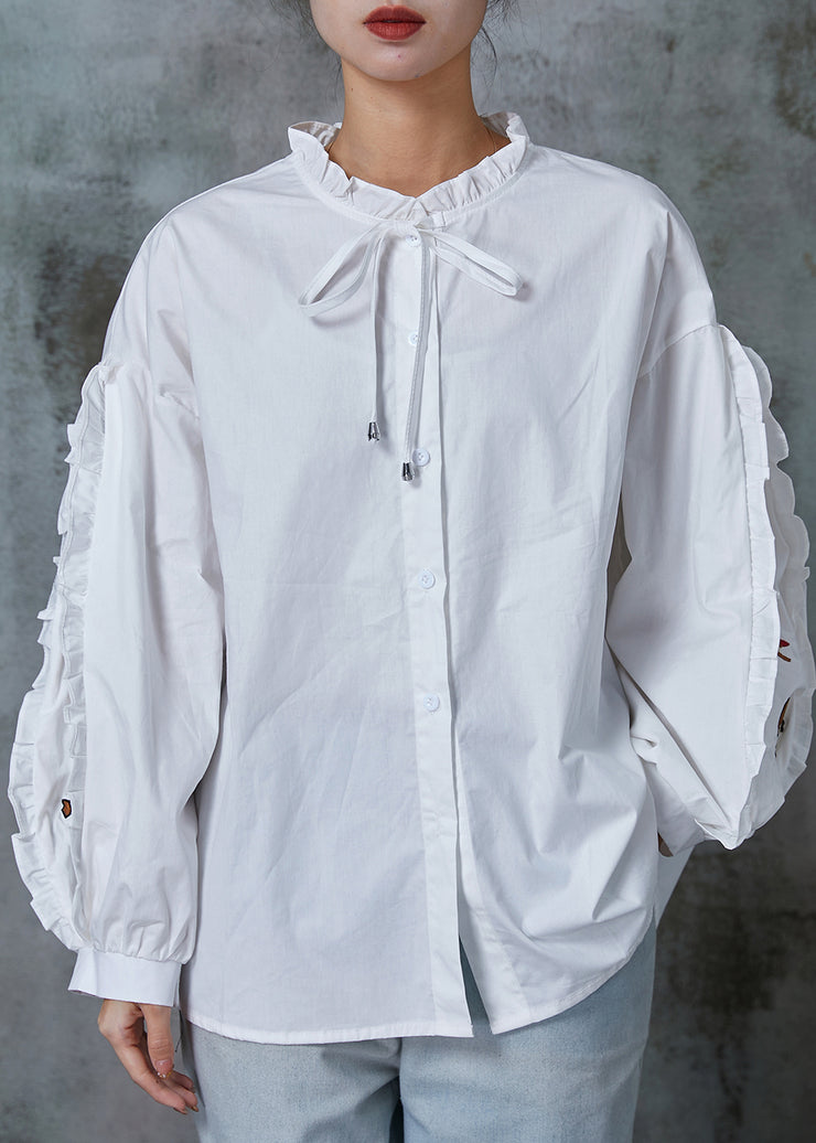 White Cotton Blouses Embroidered Ruffled Spring