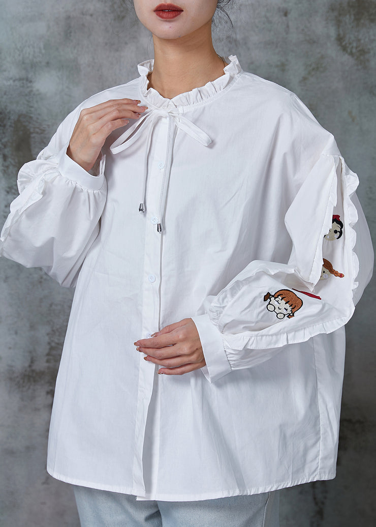 White Cotton Blouses Embroidered Ruffled Spring