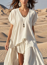 White Cotton Long Dress Asymmetrical Exra Large Hem Summer