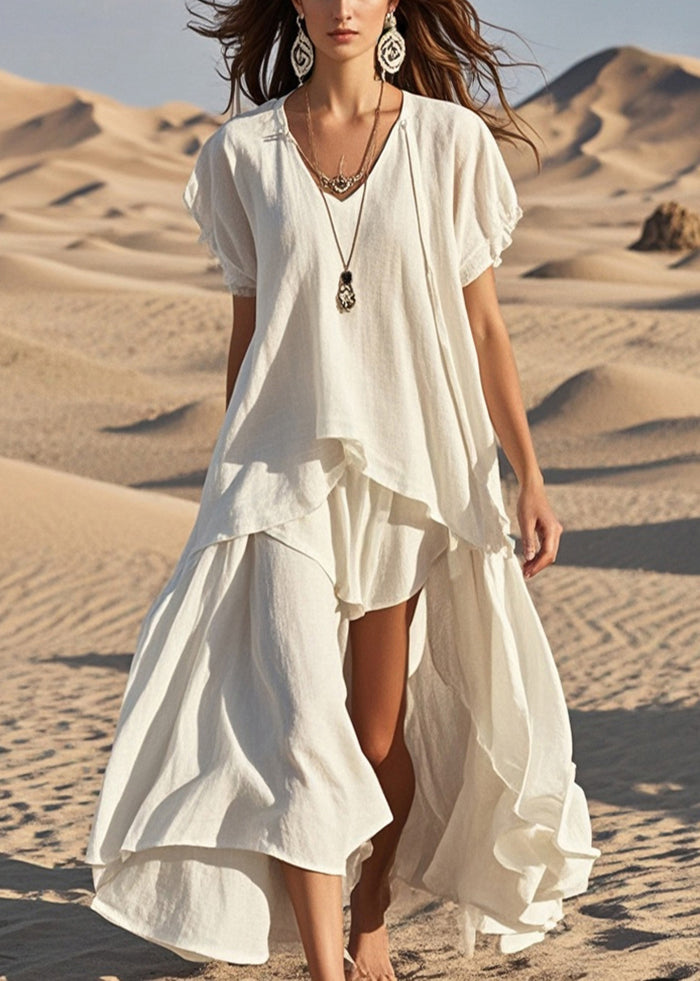 White Cotton Long Dress Asymmetrical Exra Large Hem Summer