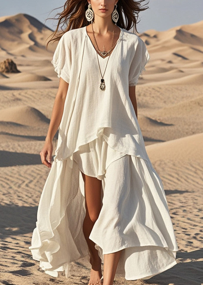 White Cotton Long Dress Asymmetrical Exra Large Hem Summer