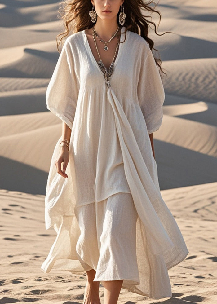 White Cotton Maxi Dresses Asymmetrical Bracelet Sleeve