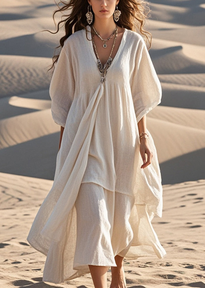 White Cotton Maxi Dresses Asymmetrical Bracelet Sleeve