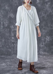 White Cotton Maxi Dresses Tie Waist Wrinkled Summer