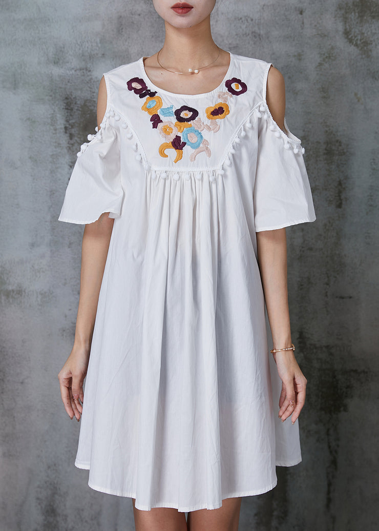 White Cotton Mid Dress Tasseled Embroidered Summer