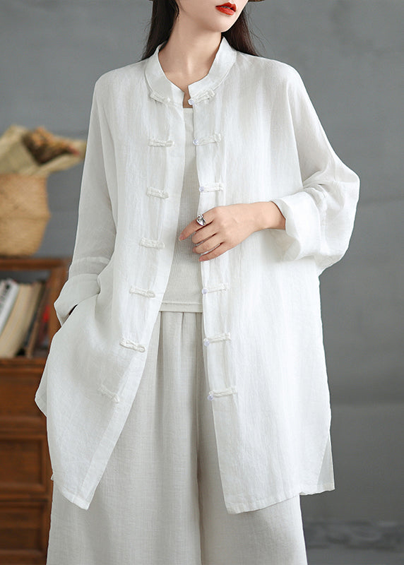 White Cotton Shirt Top Stand Collar Chinese Button Spring